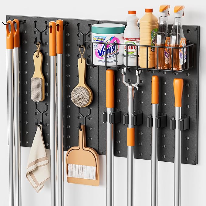 Broom Holder Wall Mount, Peg Board Wall Organizer with Mop Hanger Gripper Hooks Basket, Laundry Room Organization and Storage with Cleaning Supplies Organizer, Metal Pegboard for Utility Closet Garage