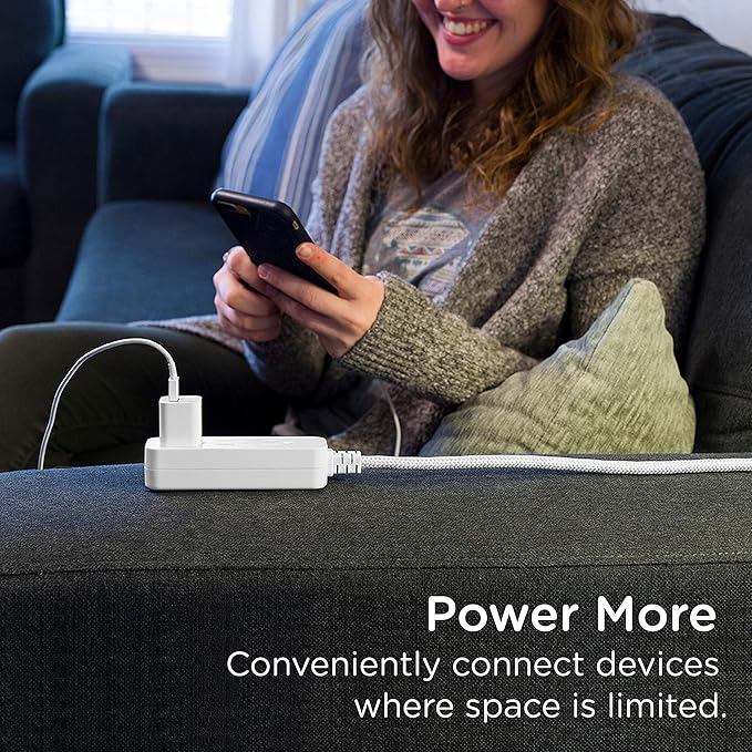 Cordinate 3-Outlet Power Strip Extension Cord with Multiple Outlets 15 Ft Indoor Braided Grounded Flat Plug Extension Cord ETL Listed White 50011