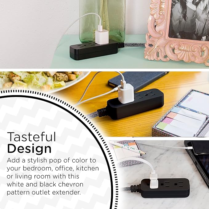 Cordinate Designer Mini 3-Outlet Power Strip, 18 in Braided Extension Cord, Grounded Adapter, Low-Profile Flat Plug, ETL Listed, Black/Dark Heather, 47298