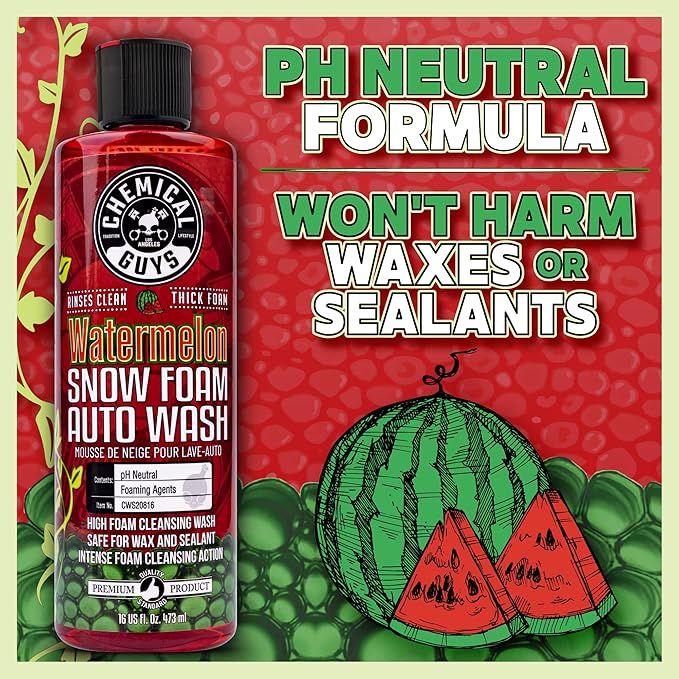 Chemical Guys CWS20816 Watermelon Snow Foam Car Wash Soap, (Works with Foam Cannons or Bucket Washes) Safe for Cars, Trucks, Motorcycles, RVs & More, 16 fl oz, Watermelon Scent
