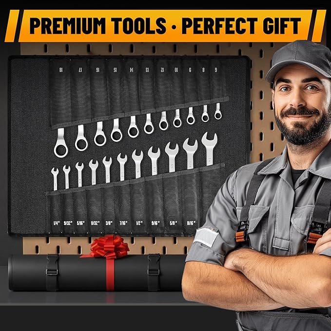 Ratchet Wrenches Set, 22-Piece Combination Wrench Set, Metric & SAE, Anti-Slip Grip, CR-V Steel, 1/4" to 3/4" & 6mm to 18mm, Portable Oxford Pouch Organizer