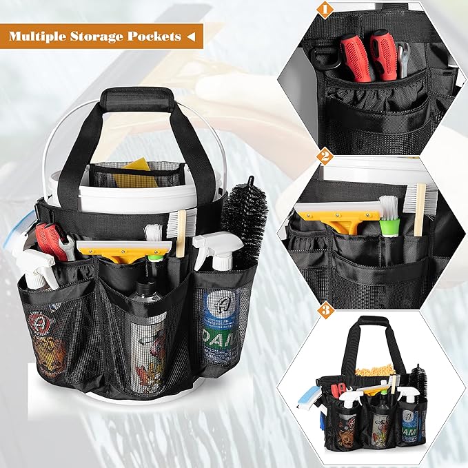5 Gallon Bucket Organizer with Anti-fall Hooks & Buckle, Car Wash Bucket Caddy with Mesh Pockets, 5 Gallon Cleaning Tools Bag for Home, Auto, Garden & Fishing