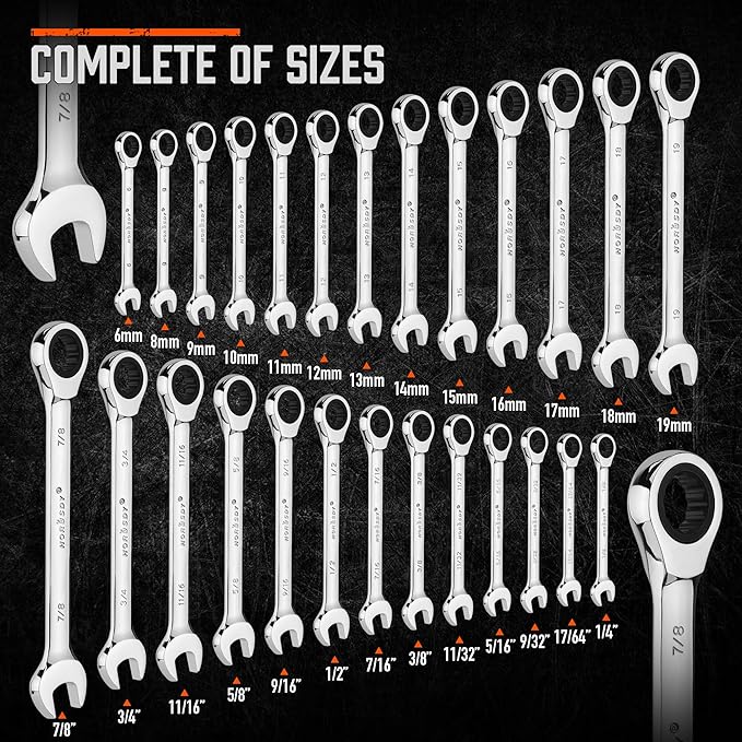 HORUSDY 26-Piece Ratcheting Wrench Set | Metric and SAE | Ratchet Combination Wrenches Set with Organizer | 72-Tooth | Chrome Vanadium Steel | 6-19 mm & 1/4” to 3/4“ (13-Piece Metric&SAE)