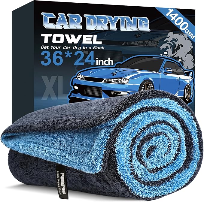 PUGPIU Car Drying Towel - 1400GSM Extra Large Super Absorbent Microfiber Towels for Cars 24"x36" - Large Edgeless with Twisted Loop, Lint-Free & Streak-Free for Auto Detailing, SUV, Truck (Blue)