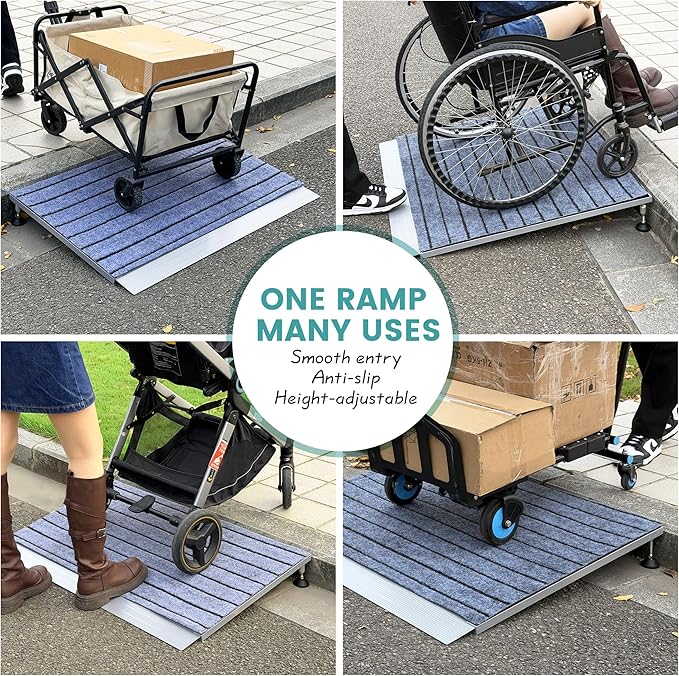Threshold Ramps for Wheelchairs, Adjustable Height 1.8"–5.3" and 24"×36" Platform Aluminum Wheelchair Ramp, Door Threshold Ramps with a Non-Slip Thick Door Mat for Scooters, Power Chairs, Cart