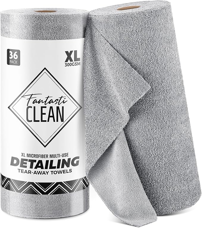 Fantasticlean XL Tear-Away Microfiber Cleaning Cloth Roll, 16'' by 16''- 36 Sheets, Thick & Large Detailing Towels, Ultra Absorbent, Lint-Free Reusable Wipes for All-Around Cleaning (Glossy Grey)