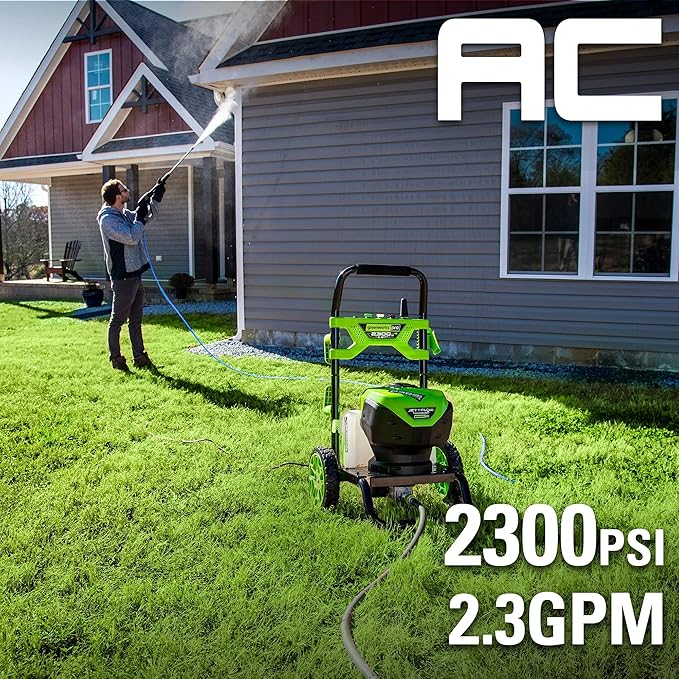 Greenworks 2300 PSI TruBrushless (2.3 GPM) Electric Pressure Washer, 25’ Hose, Quick Connect Wand, 15, 24, 40 Degree Soap and Turbo Nozzle