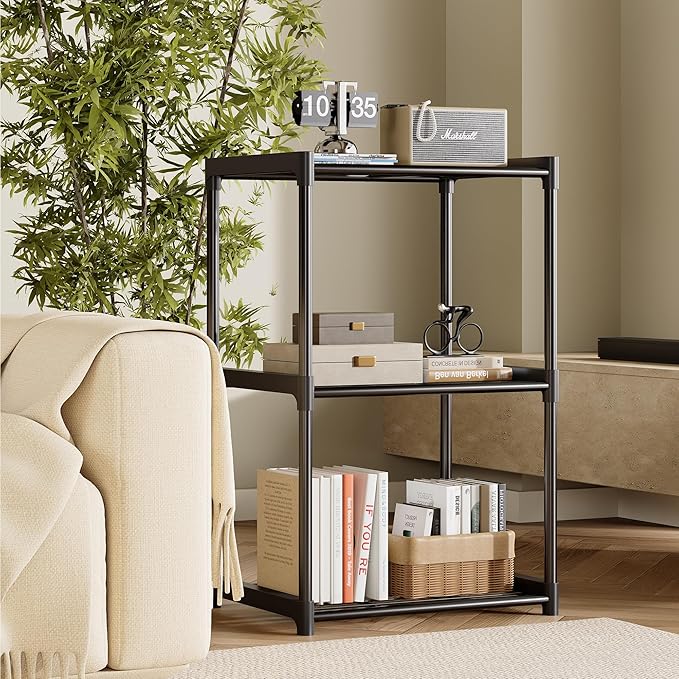 3-Tier Storage Shelves with Plastic Connectors – Metal Shelf Organizer for Pantry, Closet & Bathroom, Space-Saving Sturdy Shelving Unit Rack, Black, 17.3" x 12.8" x 28.9"
