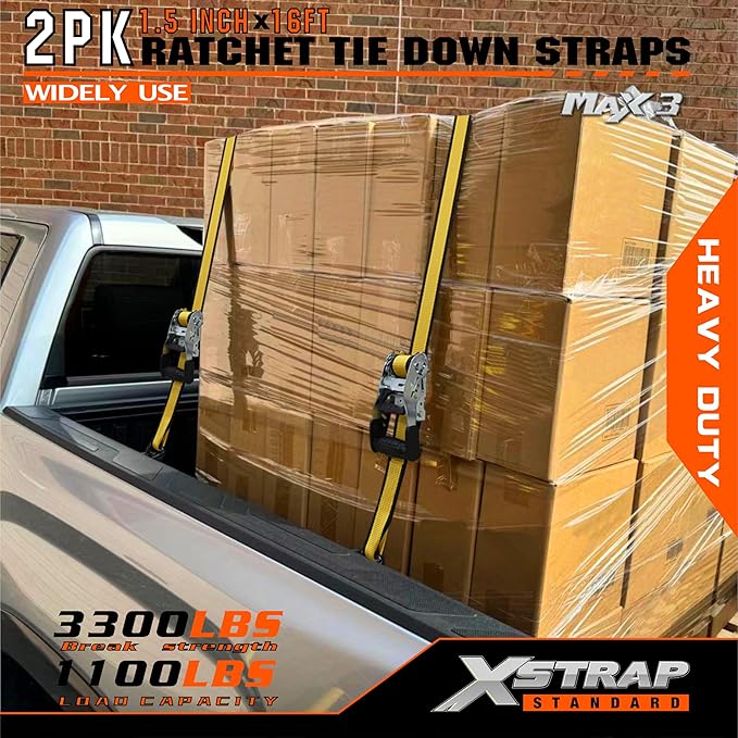XSTRAP STANDARD 2 Pack 1.5" x 16' Ratchet Tie Down Straps - 1100Lbs Working Load, 3300Lb Break Strength, Heavy Duty Double J-Hook for Truck, Trailers & Cargo, Yellow