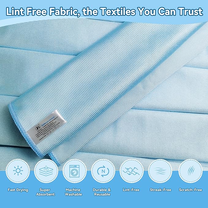 8Pcs Microfibre Glass Cleaning Cloth 290GSM, Lint Free Glass Cloth for Polishing Mirrors Stainless Steel, Windows, All-Purpose Microfiber Towels(Blue, 30 x 40 cm)