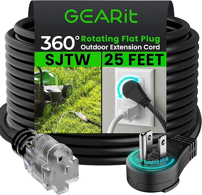 GEARit 25 Ft Extension Cords 16/3 Gauge 360° Rotating Plug Outdoor/Indoor SJTW 16 AWG 3 Prong Heavy Duty Power Cable 13A 125V 1625W for Lawn, Garden, Appliances Black