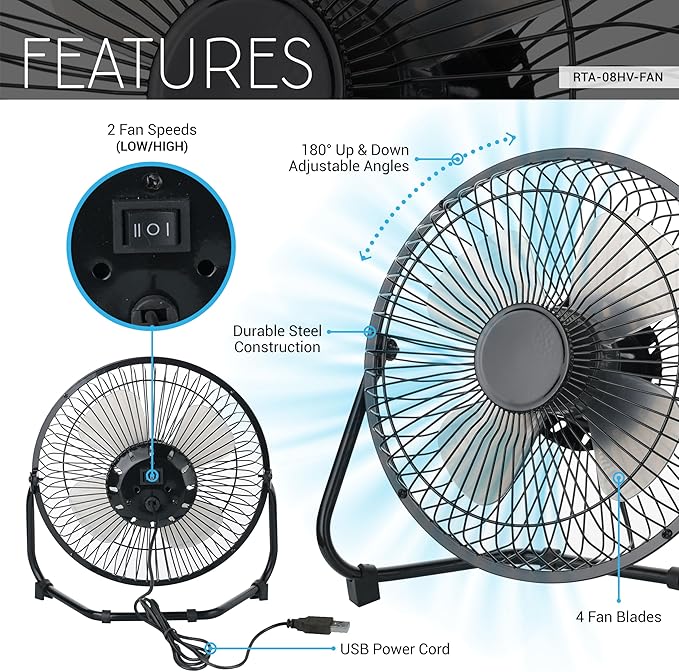 8” High Velocity Portable Fan, 2-Speed USB-Powered Floor or Table Fan with Adjustable Tilt and Steel Frame, Compact Cooling for Home, Office, or Workshop
