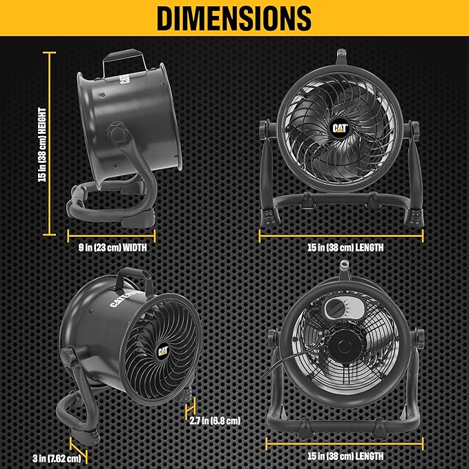Caterpillar® fan (HVD-9AC) 9”-Blade High-Velocity Drum Fan (Black, 2-in-1): 940 CFM, 4-Speed, 360° Pivoting Head, Dual Ball Bearing Motor with Die-Cast Cover