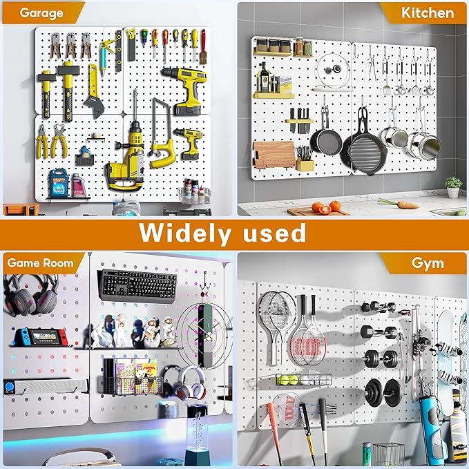 Peg Board, 68PCS Heavy Duty Metal Pegboard with Hooks, 4 Pack White Peg Board Panels, 50lbs Load Capacity Each, Pegboard Wall Organizer for Garage, Workshop, Craft Rooms Total 24” x 24”