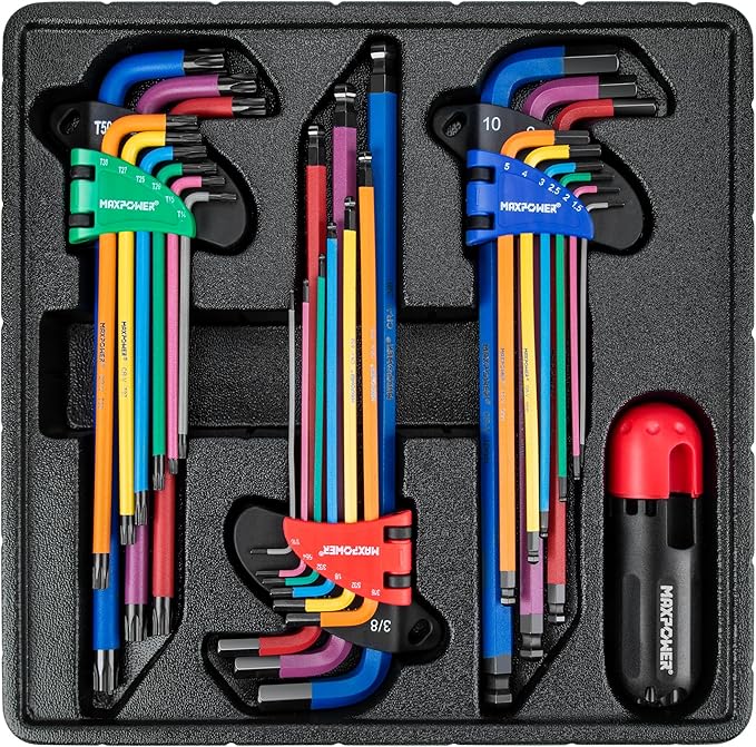 MAXPOWER Allen Wrenches Sets, 27-Piece Allen Key Wrench Set Includes SAE (1/6-3/8"), Metric (1.5-10mm), Torx (T10-T50), Extra Long Arm Ball & Torx End Hex Key Set with T-Handle