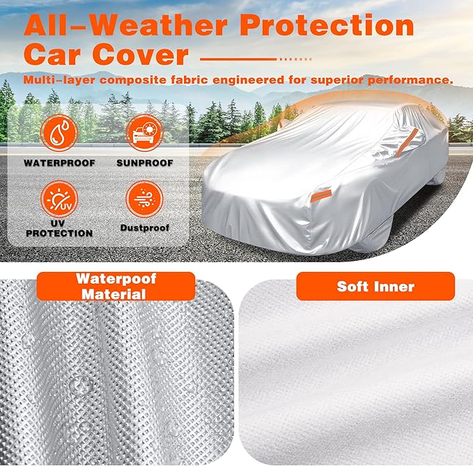 iCOVER Car Cover, Waterproof All Weather Car Covers for Honda Civic Toyota Corolla Chevy Cruze Kia Forte, Outdoor Full Exterior Cover with Detachable Tire Covers, Car Cover for Sedan, Fits up to 193"