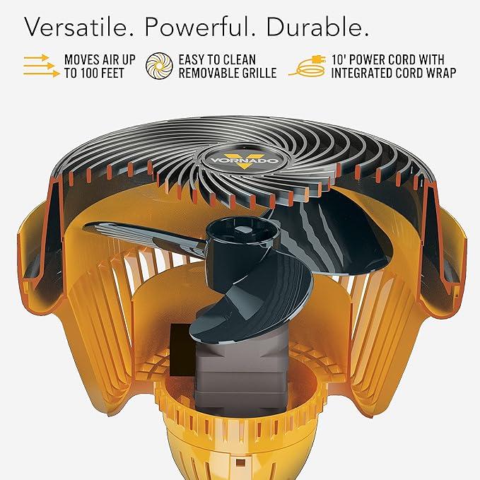 Vornado 293 Large Heavy Duty Shop Fan, 3 Speed Electric Fan, High Impact Casing, IP54-Rated Motor, Whole Room Air Circulator, Pivoting Head, Carry Handle, 16” Floor Fan for Bedroom and Garage, Yellow