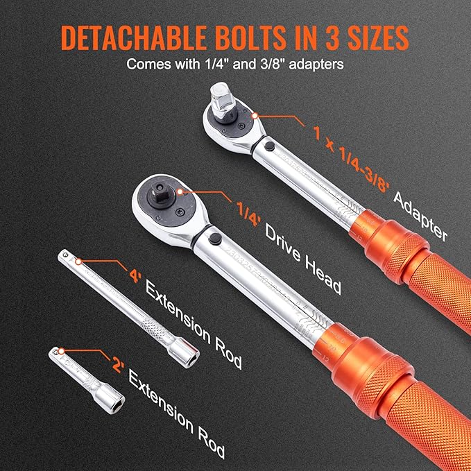 VEVOR 1/4-inch Drive Click Torque Wrench, 20-200in.lb/3-23n.m Mechanical Dual Range Scales, Dual-Direction Adjustable with Adapters Extension Rod
