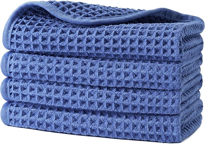 POLYTE 430 GSM Microfiber Lint Free Washcloth Face Towel, 13 x 13 in, 4 Pack (Waffle Weave)