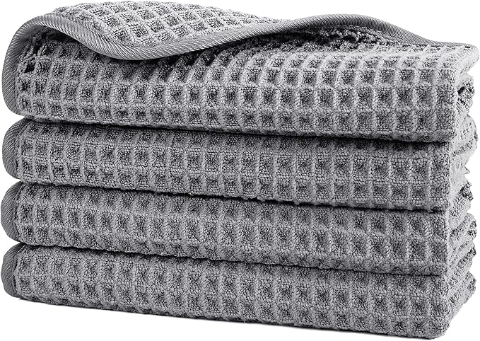 POLYTE 430 GSM Microfiber Lint Free Washcloth Face Towel, 13 x 13 in, 4 Pack (Waffle Weave)