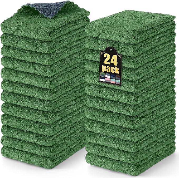 Mordimy 24 Pack Kitchen Towels (20" x 10", Dark Grey & Grass Green), Super Soft and Absorbent Dish Towels, Coral Velvet Microfiber Cleaning Cloth, Nonstick Oil Fast Dry Dish Cloths