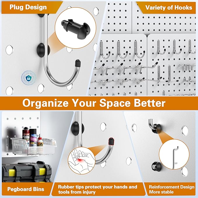 Peg Board, 70PCS Heavy Duty Metal Pegboard with Hooks, 6 Pack White Peg Board Panels, 50lbs Load Capacity Each, Pegboard Wall Organizer for Garage, Workshop, Craft Rooms Total 24” x 36”