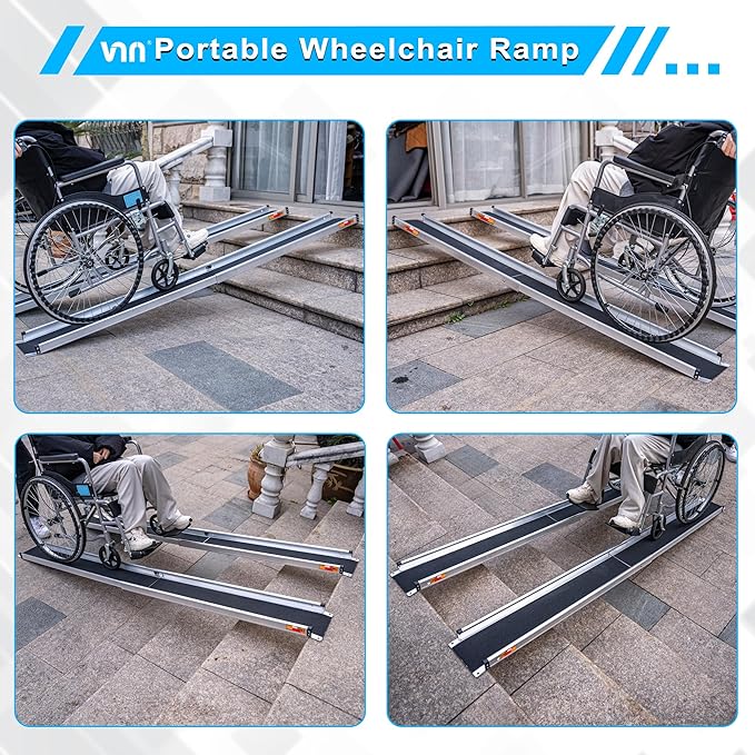 VNN Adjustable Wheelchair Ramp, 4-7 FT Portable Wheelchair Ramp for Home Step, Door Threshold Wheelchair Ramps for Home, Non-Slip Aluminum Scooter Ramp for Car, Doorways, Curbs, Stairs
