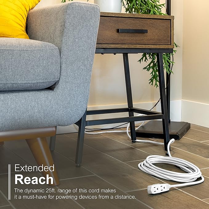 GE 3-Outlet Flat Extension Cord 25 Ft Grounded Extension Cord with Multiple Outlets 3 Prong Outlet Extender Flat Plug Indoor Power Strip 16 Gauge UL Listed White 69920