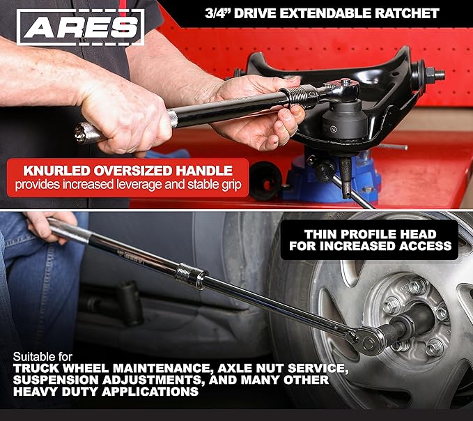 ARES 42078 – 3/4-Inch Drive Quick Release Extendable Ratchet - 72-Tooth Gear with 5 Degree Sweep – Handle Extends from 19.5 Inches to 30 Inches – Quick Release Drive Tang Locks Socket Securely