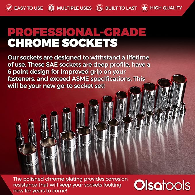 Olsa Tools SAE Deep Socket Set - 1/4-Inch Drive, 13pc - 6-Point Chrome Sockets from 1/8" to 5/8" and No Skipped Sizes - Mechanic Deep SAE Socket Set - Professional Grade Long Sockets - Part: 1329