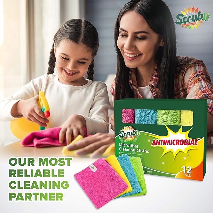 SCRUBIT 24 Pack Microfiber Cleaning Cloth Lint Free and Streak Free Towels for House, Cars, Kitchen and Screens - Super Absorbent and Soft Wash Cloths (12 x 16)