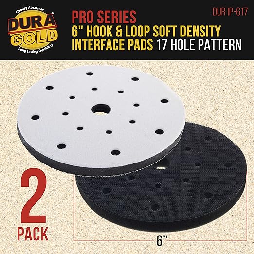 Dura-Gold Pro Series 6" x 10mm Soft Density Interface Sanding Pad, 17 Hole Pattern Dustless, 2 Pack - Hook & Loop Foam Cushion, Used Between Vacuum Sander Discs, Polisher Polishing Pads & Backing Pads