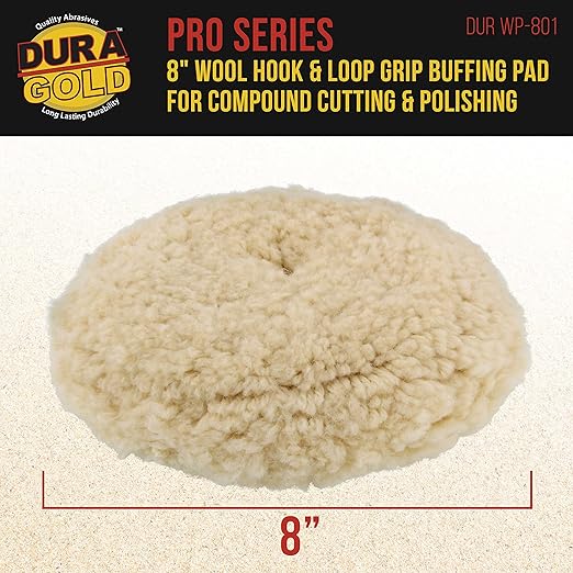 Dura-Gold 8" 100% Wool Hook & Loop Grip Buffing Pad for Compound Cutting & Polishing - Fits Automotive Car Detailing Polisher Sanders - Polish Auto Paint, Boat Marine Epoxy