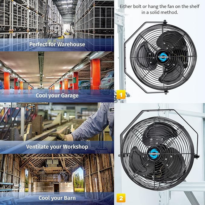 Tornado 12 Inch Outdoor Water-Resistant Metal Industrial Wall Mounted Fan IPX4 Rated High Velocity Wall Fan For Commercial, Industrial, Residential, 3 Speed 6.6 FT Cord cETL Safety Listed, Black