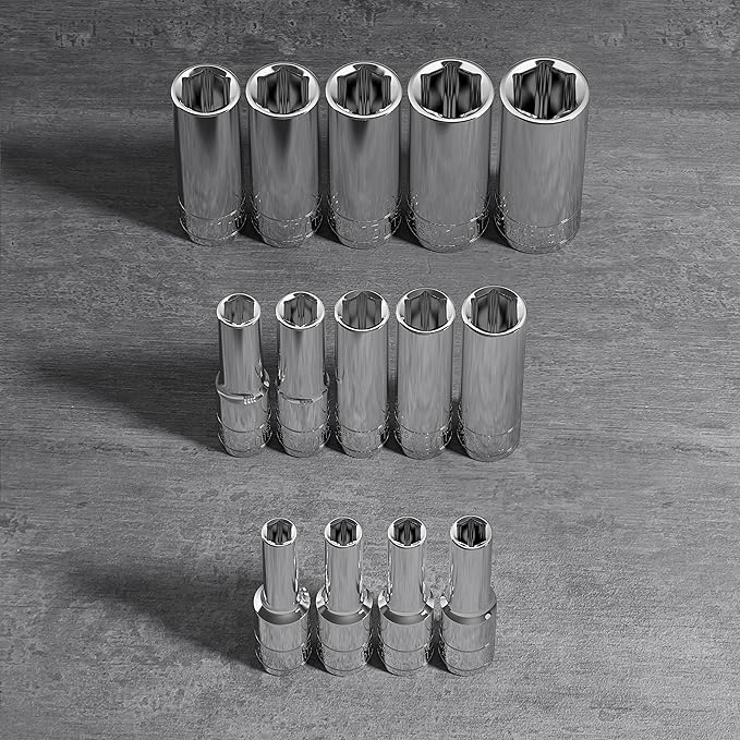 Olsa Tools Metric Deep Socket Set - 1/4-Inch Drive, 14pc - 6-Point Chrome Sockets from 4mm–15mm and No Skipped Sizes - Mechanic Deep Metric Socket Set - Professional Grade Long Sockets - Part: 1327