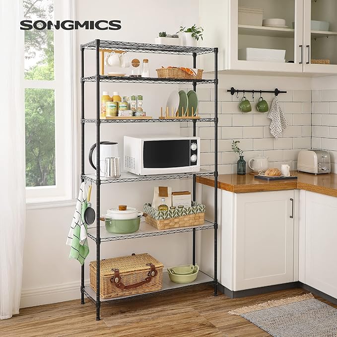 SONGMICS 6-Tier Storage Shelves, Wire Shelving Unit, Kitchen Metal Shelves, Storage Rack with Adjustable Shelves, Shelf Liners, 8 Hooks, for Garage, 13.8 x 35.4 x 69.7 Inches, Black ULGR096B01