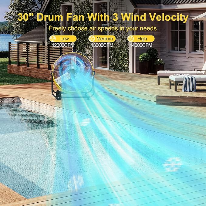 Uthfy 30 Inch High Velocity Floor Fan, 14000CFM Heavy Duty Industrial Drum Fan with 3 Speeds, 360° Tilt Metal Garage Fan with Wheels for Warehouse, Commercial, Workshop, Factory and Gym