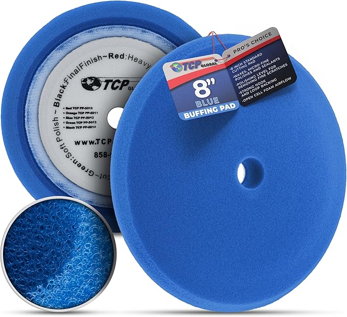 TCP Global 8" Blue Foam Buffing Pad Light Cut Polish Hook and Loop Backing - Buffing Pad for Automotive, Marine, Truck, RV & Compound Cutting