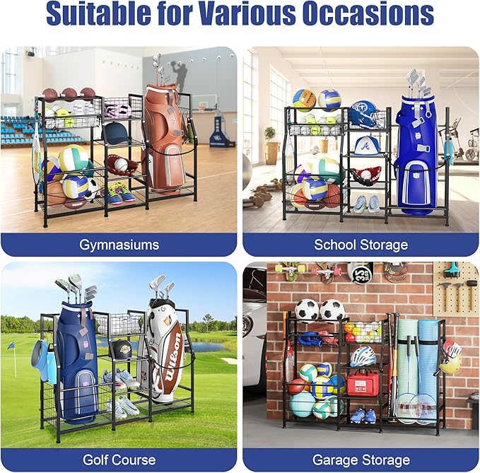 Sonyabecca Garage Sports Equipment Organizer 2 Golf Bag Stand Golf Storage Organizer for Garage with Basket and Hooks, Storage Rack for 2 Golf Bag, Golf Gift for Men, Two Assembly Methods