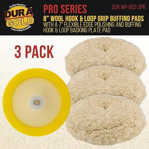Dura-Gold 3 Pack of 8 100% Wool Hook & Loop Grip Buffing Pads with a 7" Flexible Edge Backing Plate - Compound Cutting, Polishing - Fits Auto Car Detailing Polisher Sanders - Paint, Boat
