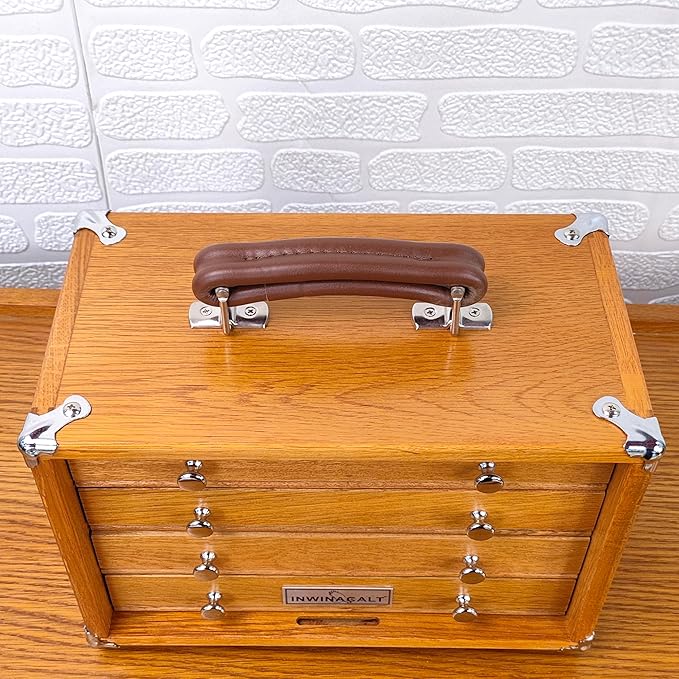Oak Wood 4 Drawers Portable Toolbox, Leather Handle, FT0104