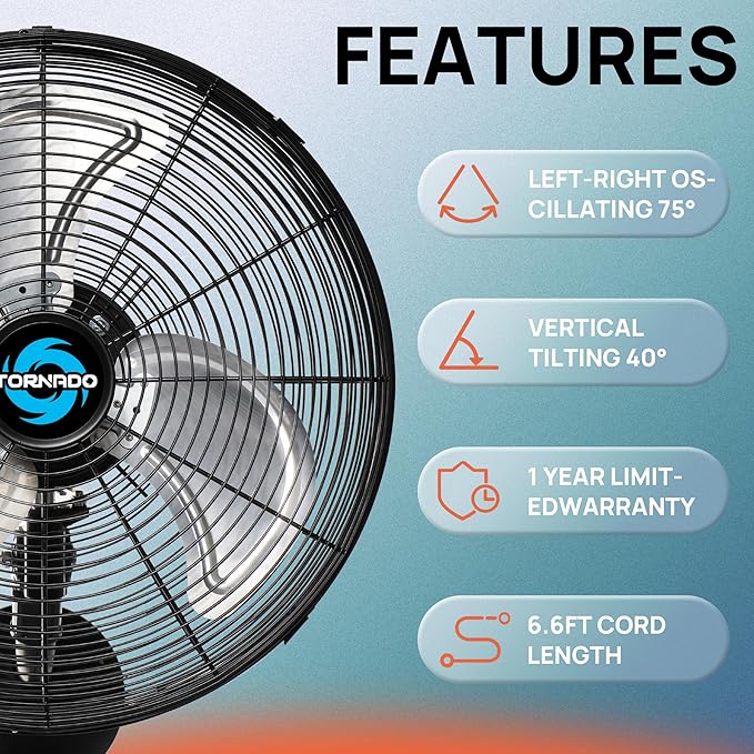 Tornado 20 Inch Pro Series High Velocity Wall Mount Fan, Oscillating Industrial, Commercial & Residential Fan, 3-Speed, 5250 CFM, 1550 RPM, 1/6 HP, 6.6 FT Cord, UL Listed