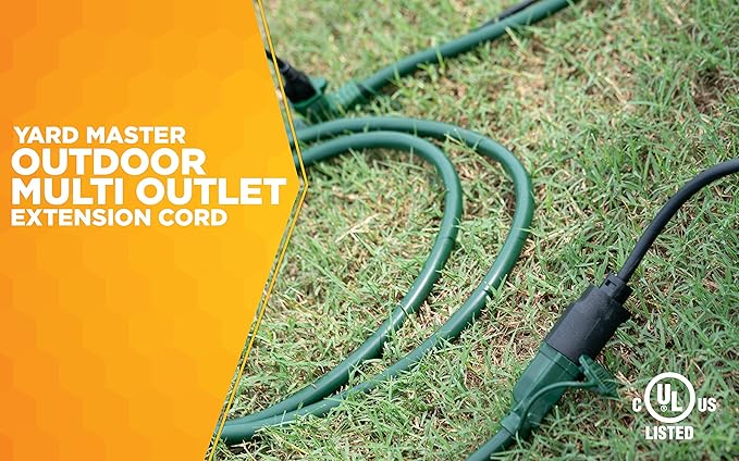 Southwire Outdoor Extension Cord - Durable Medium-Duty Yard & Patio Cable - SJTW Extension - 14 Gauge - 3 Conductor - 3 Outlet - Green - 25 Foot