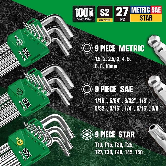 SK 27-Piece Allen Wrench Set, Metric/SAE/Star Hex Key Set, L-Shaped, S2 Steel