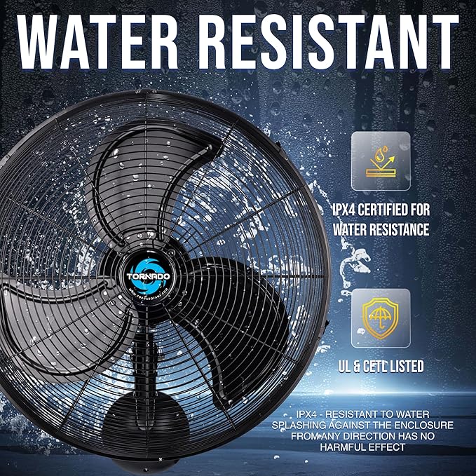 Tornado 20 Inch Pro Series High Velocity Waterproof Outdoor Wall Mount Fan, Oscillating Industrial, Commercial & Residential Fan, 3-Speed, 5250 CFM, 1550 RPM, 1/7 HP, 6.6 FT Cord, UL Listed