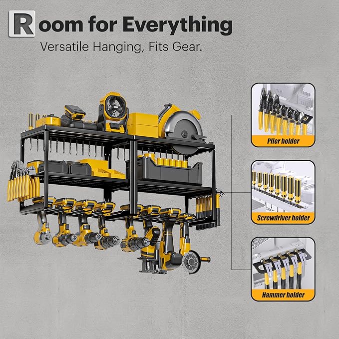 Spampur Power Tool Organizer, 15 Min Fast Assembly, 8 Slots 3 Layer Heavy Duty Metal & Max 150lb load Cordless Power Dill Holder in Garage/Workshop/Pegboard/Shed Suitable for giving for Father's Day