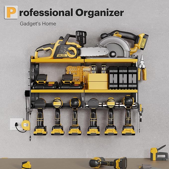 Spampur Large Power Tool Organizer Wall Mount with Charging Station, 3 Layer Heavy Duty Metal Tool Storage Rack Loads 420lbs with 6 Cordless Drill Holder, Utility Rack Loads with 4 Power Strip