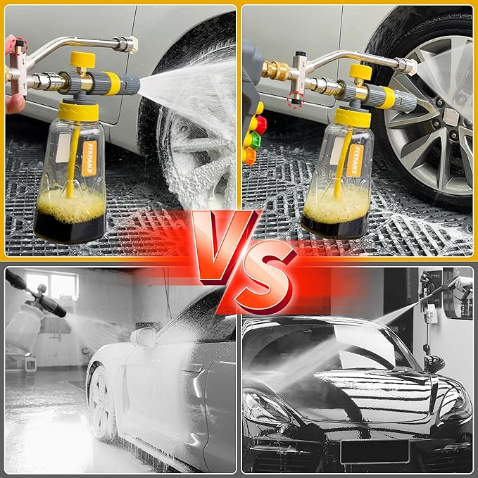 Foam Cannon Gun Dual Connector Accessory for Pressure Washer, Double Tip Attachment Soap Cannon with Power Washer Short Gun, Car Wash Foam Gun Kit, 1/4" Quick Connect, 5 Nozzle Tips
