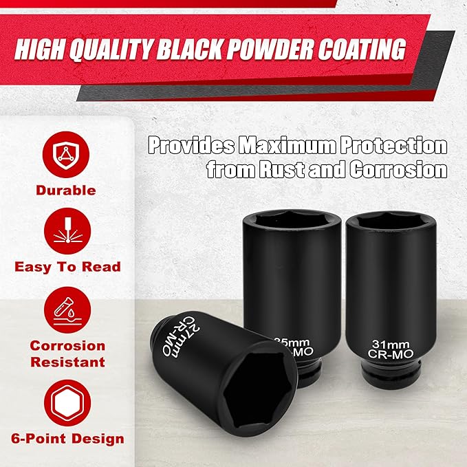 11PCS 1/2" Axle Nut Socket Set,Drive Spindle Wheel Axle Nut Wrench Large Sockets,CR-MO Steel,6-Point,(27,29,30,31,32,33,34,35,36,38mm,3/4 to 1/2 Adapter)