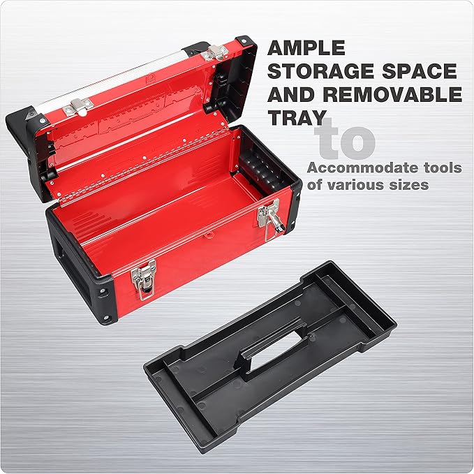 Jack Boss Metal Tool Box Steel 16" Inch Tool Organizer Box Durable Portable Tool Storage with Alum Alloy Handle Double-Lock Toolbox & Removable Tray …